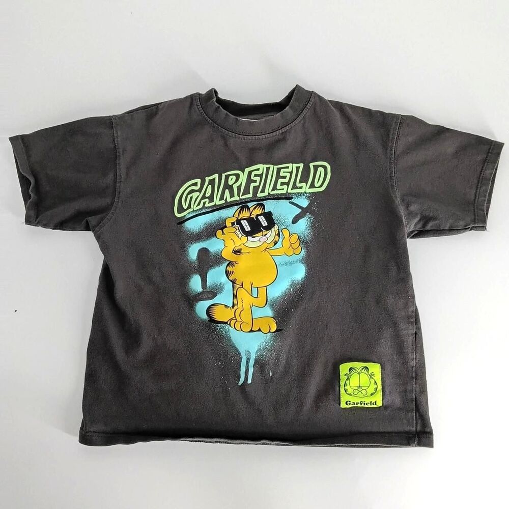 ZARA Garfield Graphic Tee 6-7 Y2K Retro Sunglasses Washed Charcoal Cartoon